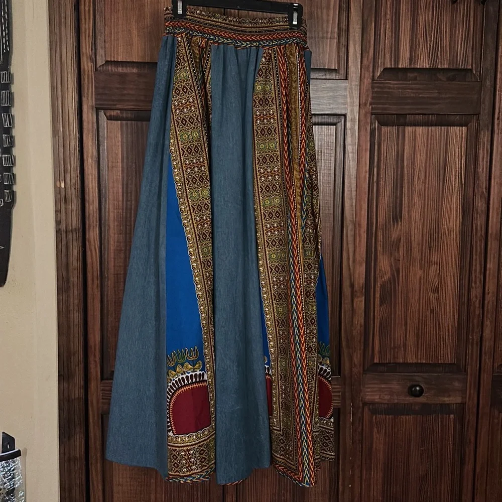 Wide leg maxi skirt, heavy denim, multi color accents - Picture 4 of 6
